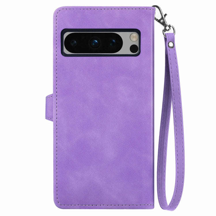 For Google Pixel 8 Pro Embossed Flower Zipper Leather Phone Case(Purple)