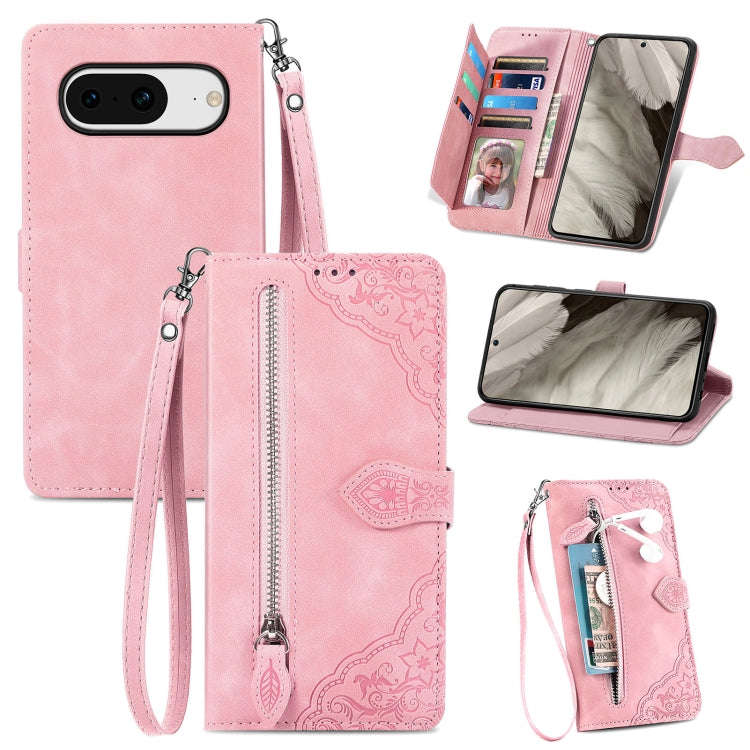 For Google Pixel 8 Embossed Flower Zipper Leather Phone Case(Pink)
