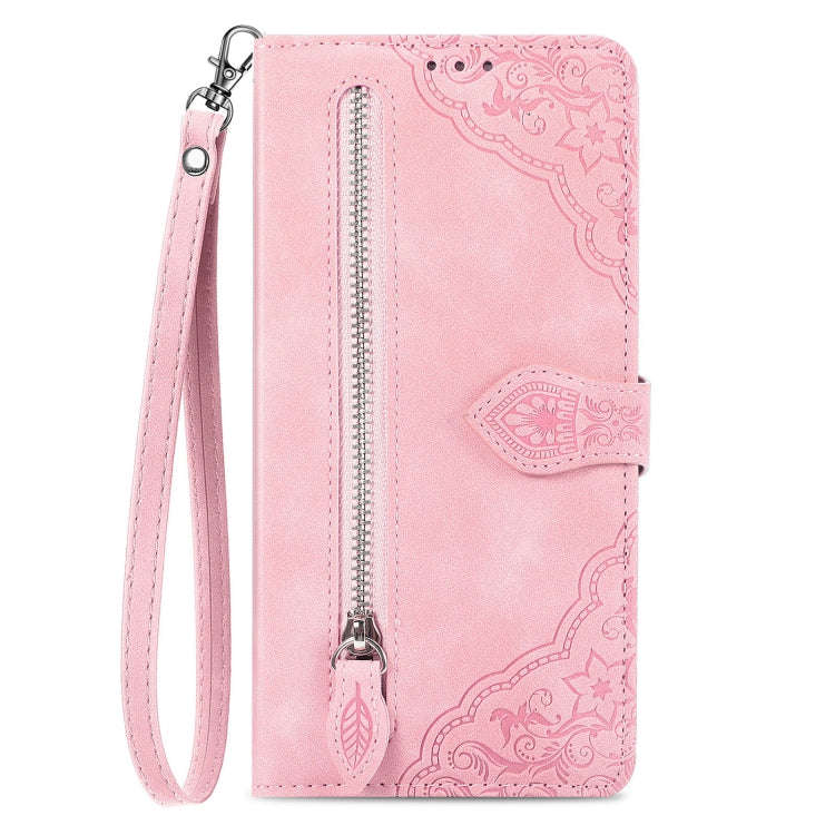 For Google Pixel 8 Embossed Flower Zipper Leather Phone Case(Pink)