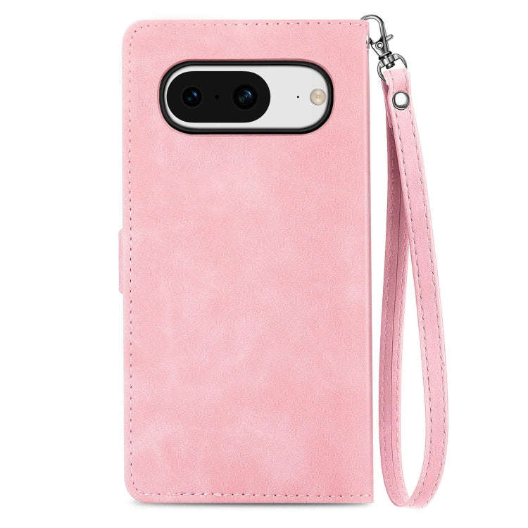 For Google Pixel 8 Embossed Flower Zipper Leather Phone Case(Pink)