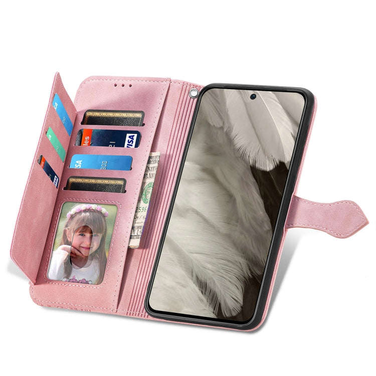 For Google Pixel 8 Embossed Flower Zipper Leather Phone Case(Pink)