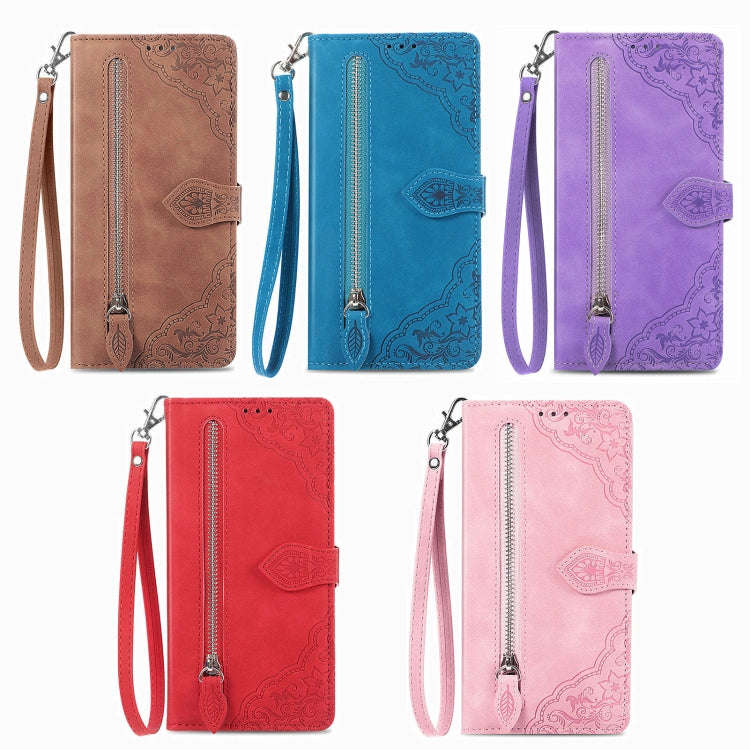 For Google Pixel 8 Pro Embossed Flower Zipper Leather Phone Case(Purple)