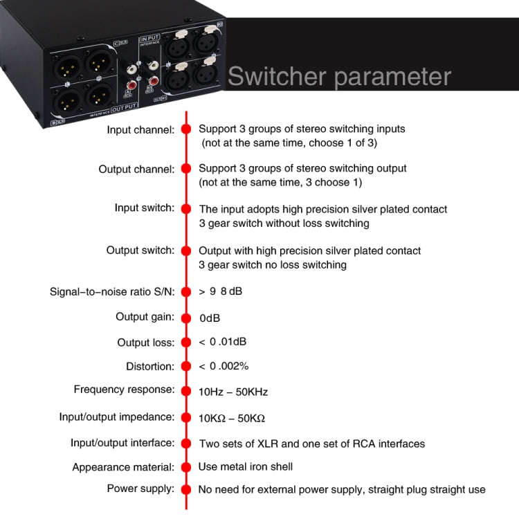 B033 3 Input To 3 Output Fully Balanced XLR Signal Passive Stereo Selector Switch Switcher