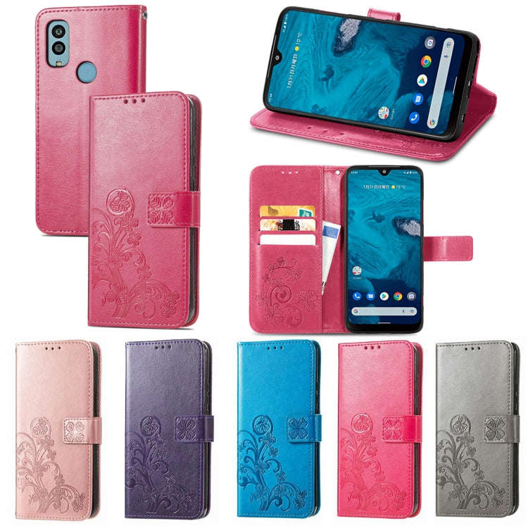 For Kyocera Android One S10 Four-leaf Clasp Embossed Buckle Leather Phone Case(Gray)