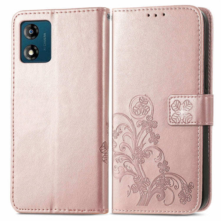 For Motorola Moto E13 Four-leaf Clasp Embossed Buckle Leather Phone Case(Rose Gold)