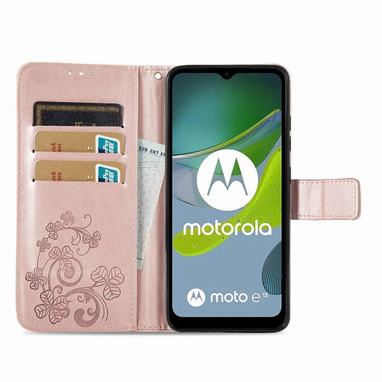 For Motorola Moto E13 Four-leaf Clasp Embossed Buckle Leather Phone Case(Rose Gold)