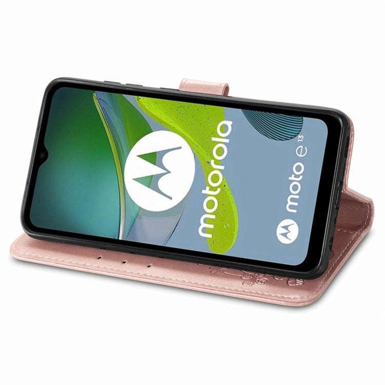 For Motorola Moto E13 Four-leaf Clasp Embossed Buckle Leather Phone Case(Rose Gold)