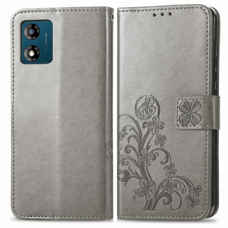 For Motorola Moto E13 Four-leaf Clasp Embossed Buckle Leather Phone Case(Gray)