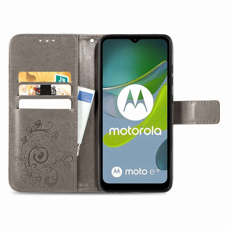 For Motorola Moto E13 Four-leaf Clasp Embossed Buckle Leather Phone Case(Gray)