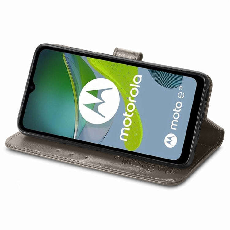 For Motorola Moto E13 Four-leaf Clasp Embossed Buckle Leather Phone Case(Gray)