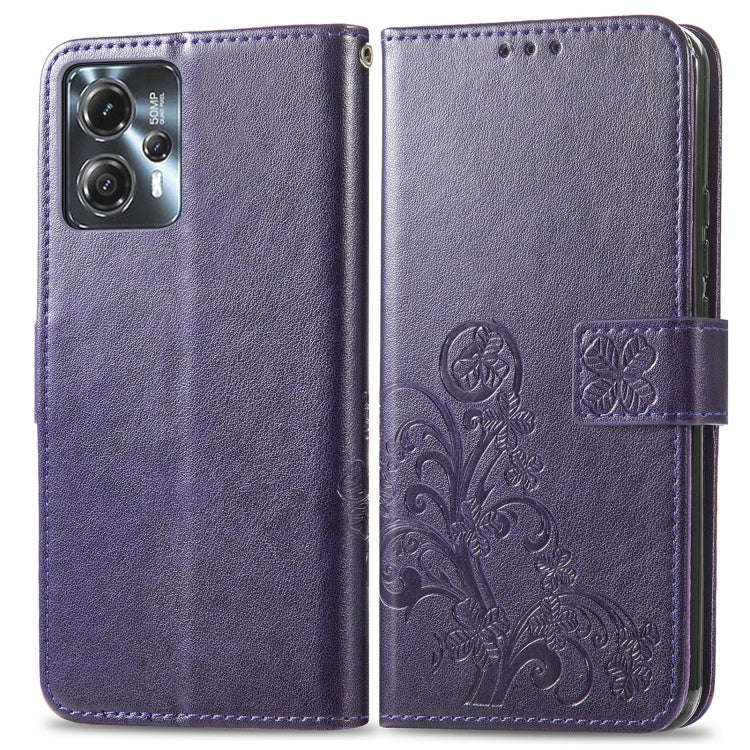 For Motorola Moto G23 Four-leaf Clasp Embossed Buckle Leather Phone Case(Purple)