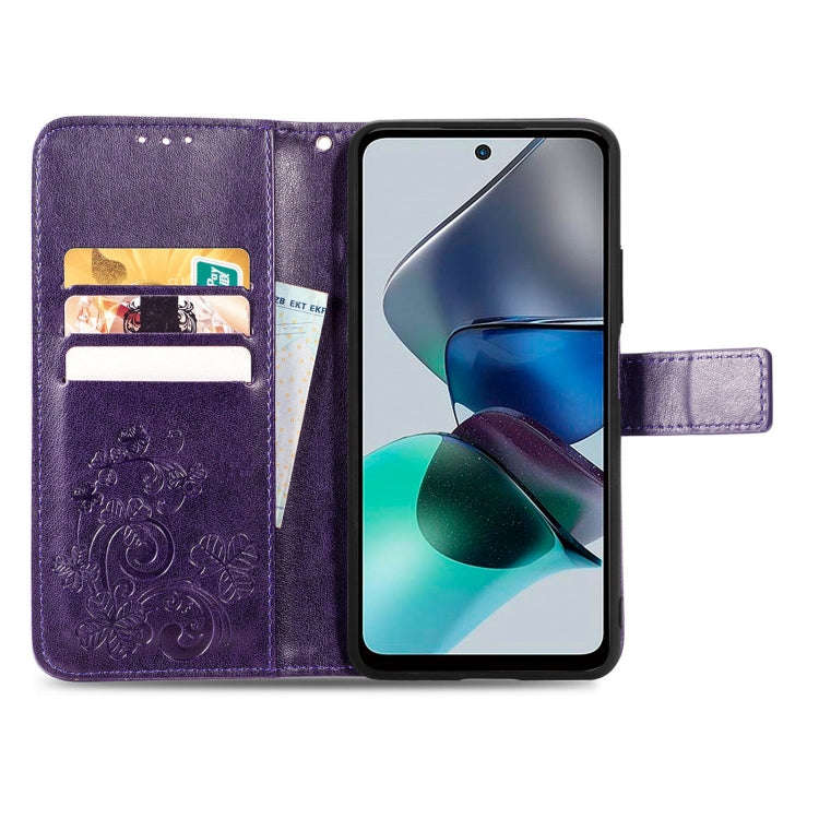 For Motorola Moto G23 Four-leaf Clasp Embossed Buckle Leather Phone Case(Purple)