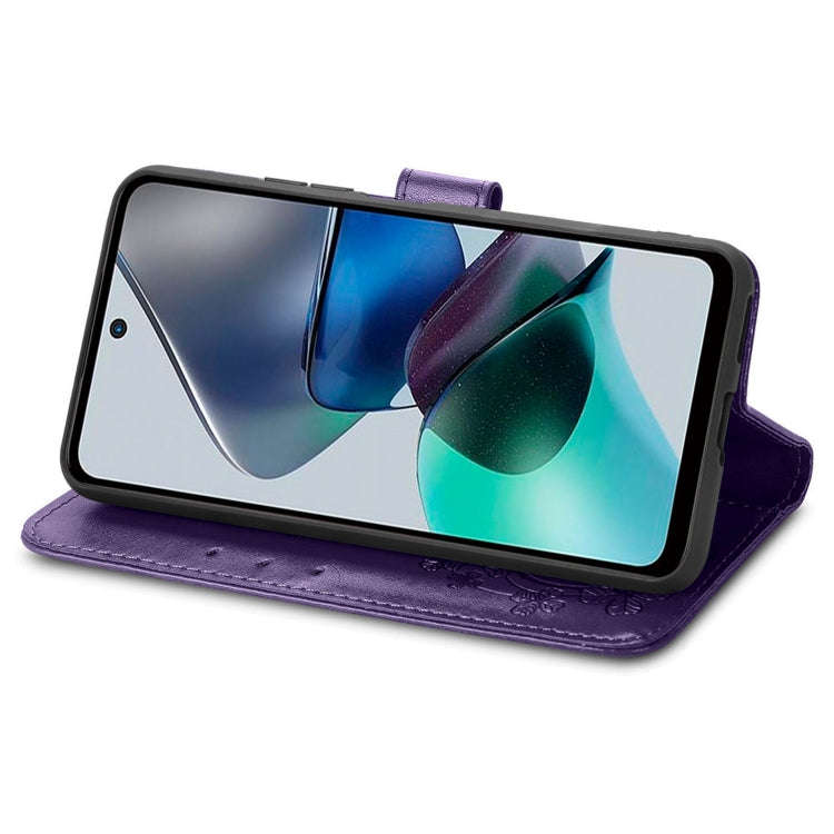 For Motorola Moto G23 Four-leaf Clasp Embossed Buckle Leather Phone Case(Purple)