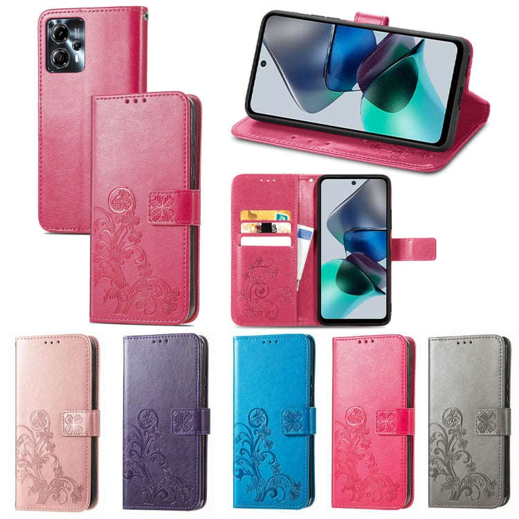For Motorola Moto G23 Four-leaf Clasp Embossed Buckle Leather Phone Case(Purple)