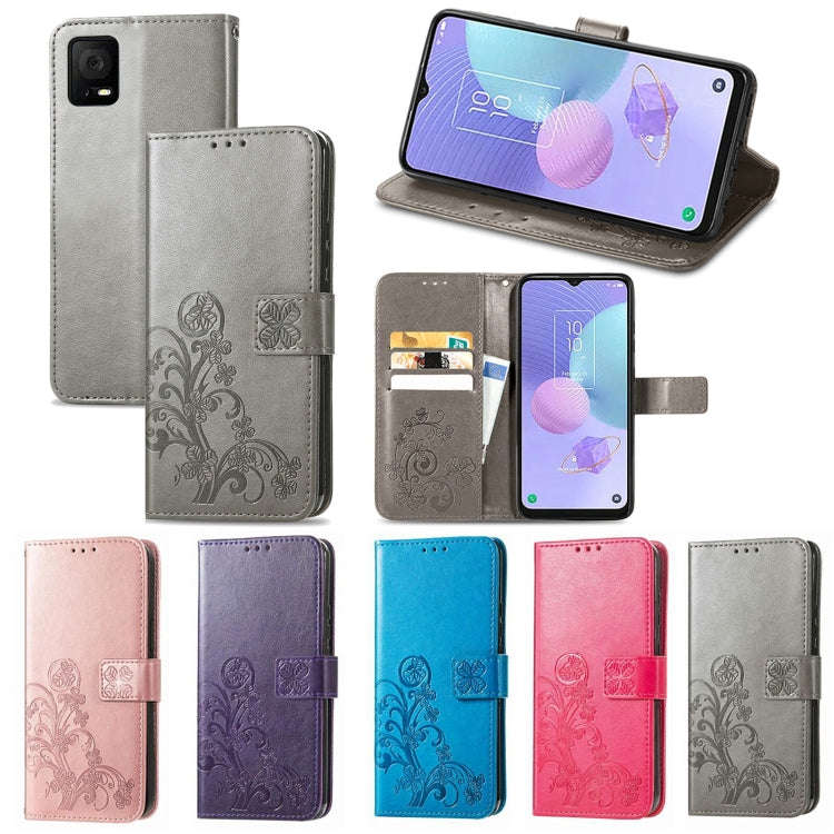 For TCL 405 Four-leaf Clasp Embossed Buckle Leather Phone Case(Rose)