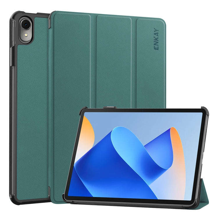 For Huawei MatePad 11 2023 ENKAY Tri-fold Custer Texture Leather Stand Smart Case(Dark Green)