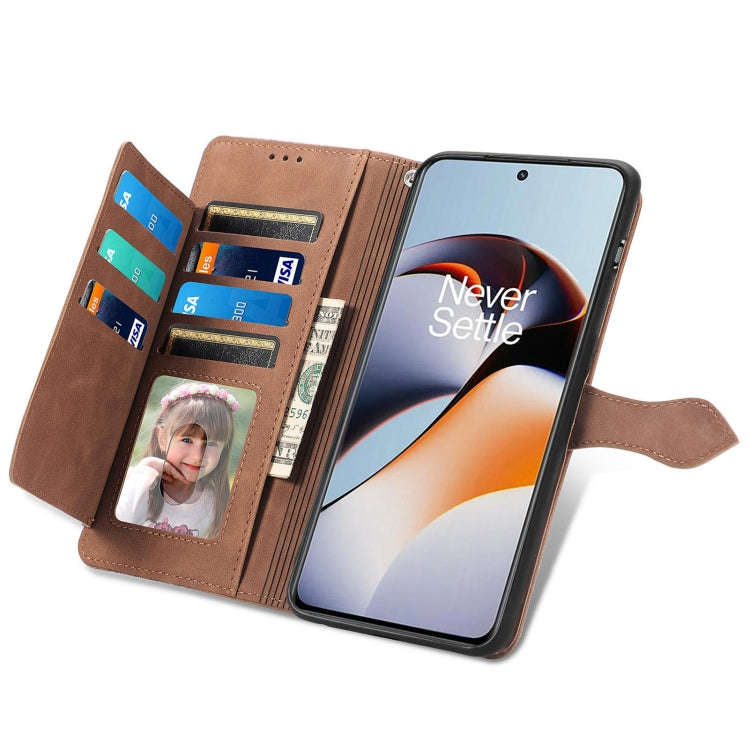 For OnePlus Ace 2 Embossed Flower Zipper Leather Phone Case(Brown)