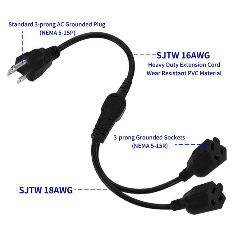 JUNSUNMAY US 1.6FT NEMA 5-15P 1 to 2 Way Outlet NEMA 5-15R SJT 16AWG 3 Prong Power Cable Wire Ext...