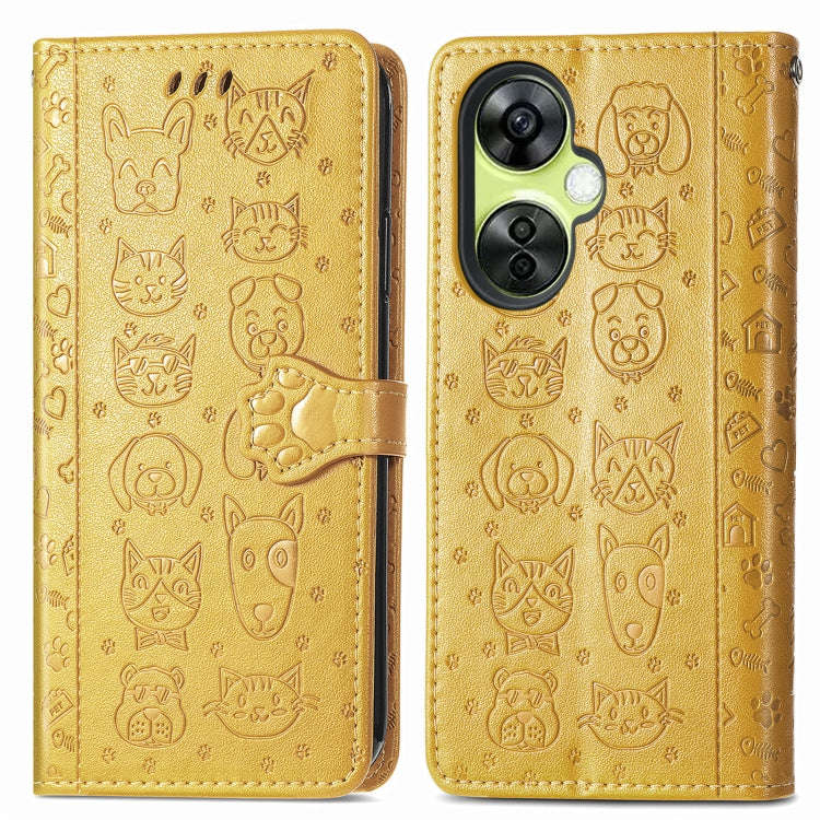 For OnePlus Nord CE 3 Lite Cat and Dog Embossed Leather Phone Case(Yellow)