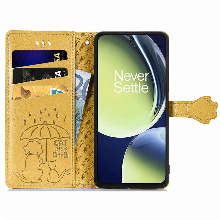 For OnePlus Nord CE 3 Lite Cat and Dog Embossed Leather Phone Case(Yellow)