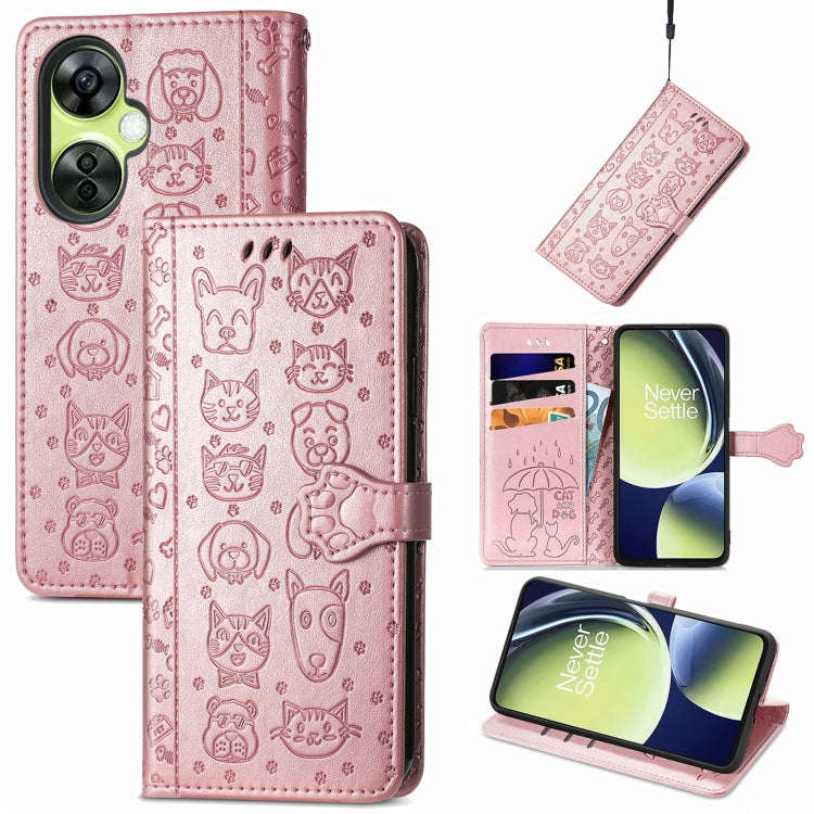 For OnePlus Nord CE 3 Lite Cat and Dog Embossed Leather Phone Case(Rose Gold)