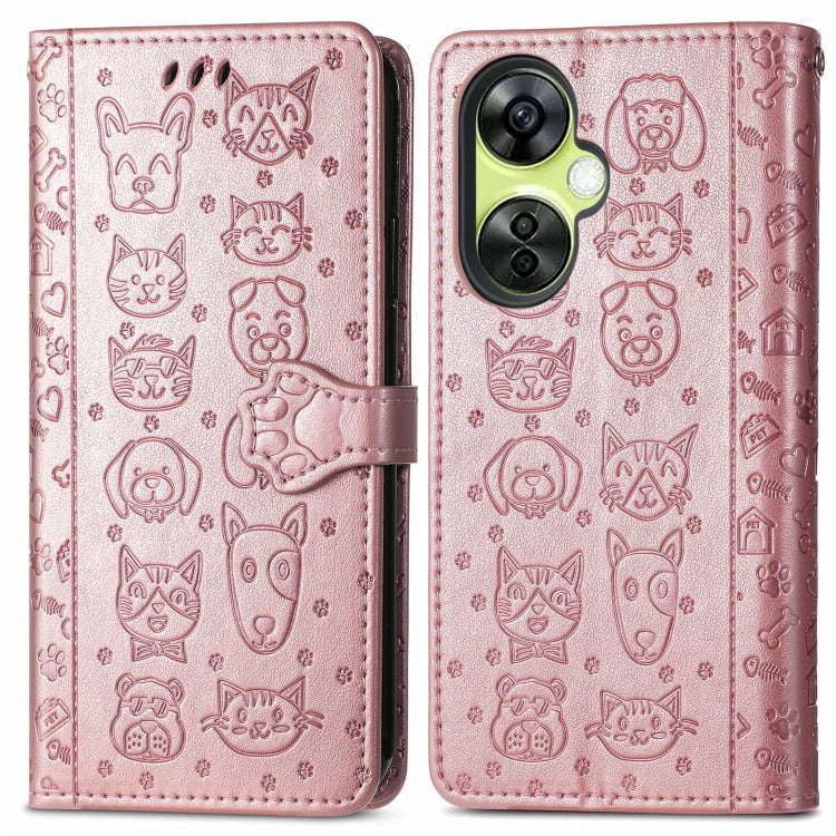 For OnePlus Nord CE 3 Lite Cat and Dog Embossed Leather Phone Case(Rose Gold)