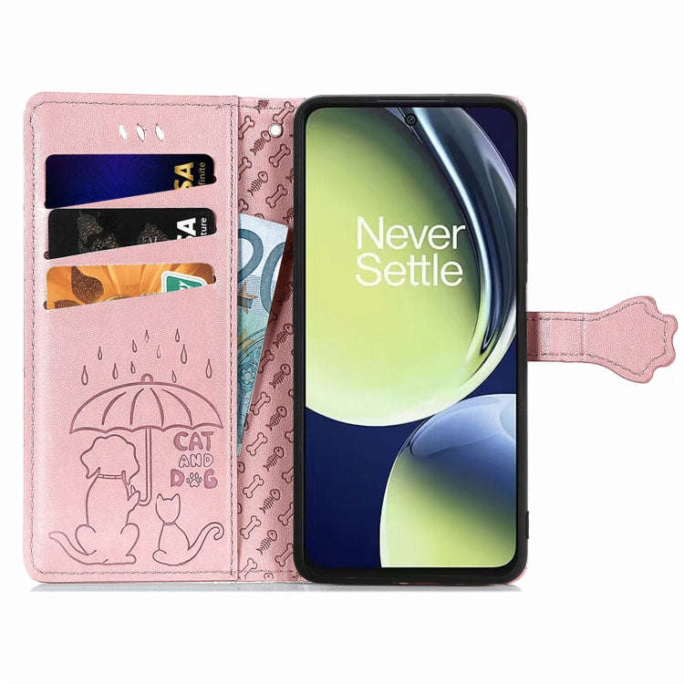 For OnePlus Nord CE 3 Lite Cat and Dog Embossed Leather Phone Case(Rose Gold)