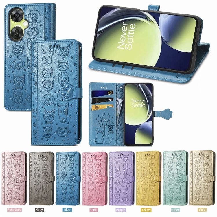 For OnePlus Nord CE 3 Lite Cat and Dog Embossed Leather Phone Case(Rose Gold)