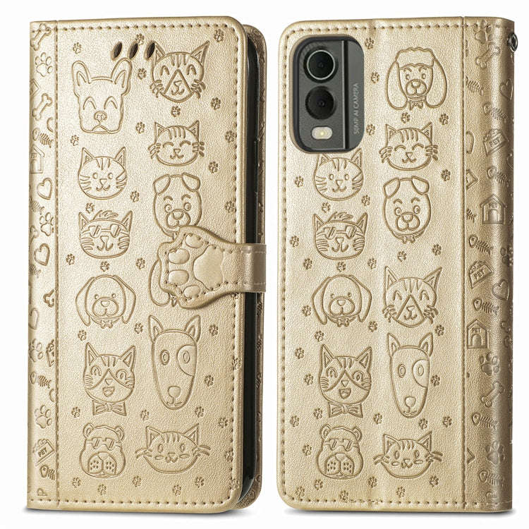 For Nokia C32 Cat and Dog Embossed Leather Phone Case(Gold)