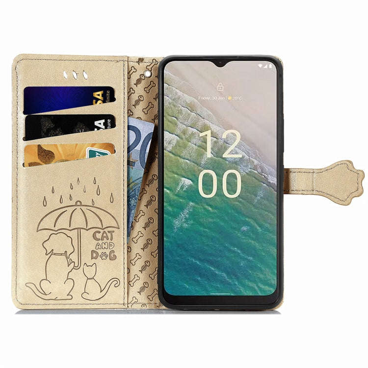 For Nokia C32 Cat and Dog Embossed Leather Phone Case(Gold)