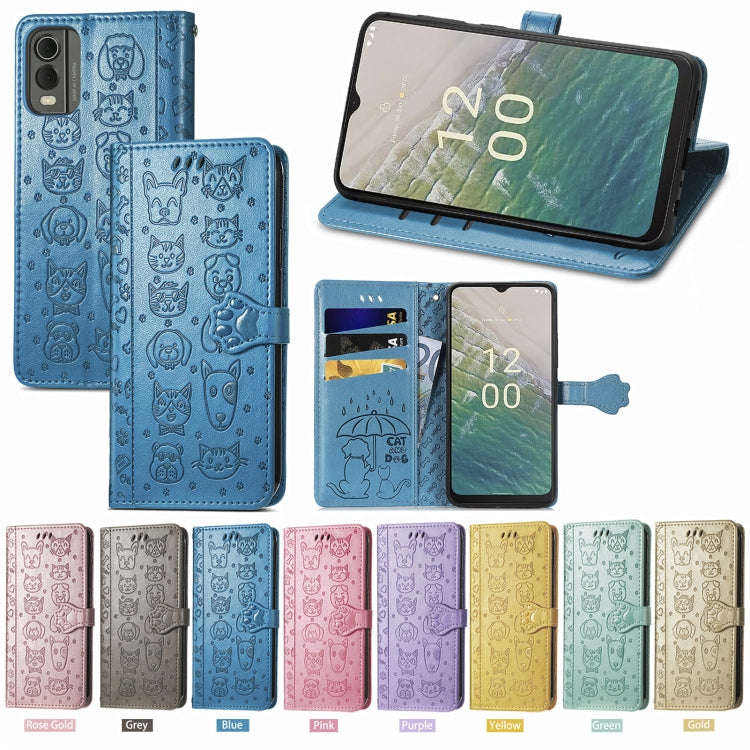 For Nokia C32 Cat and Dog Embossed Leather Phone Case(Gold)