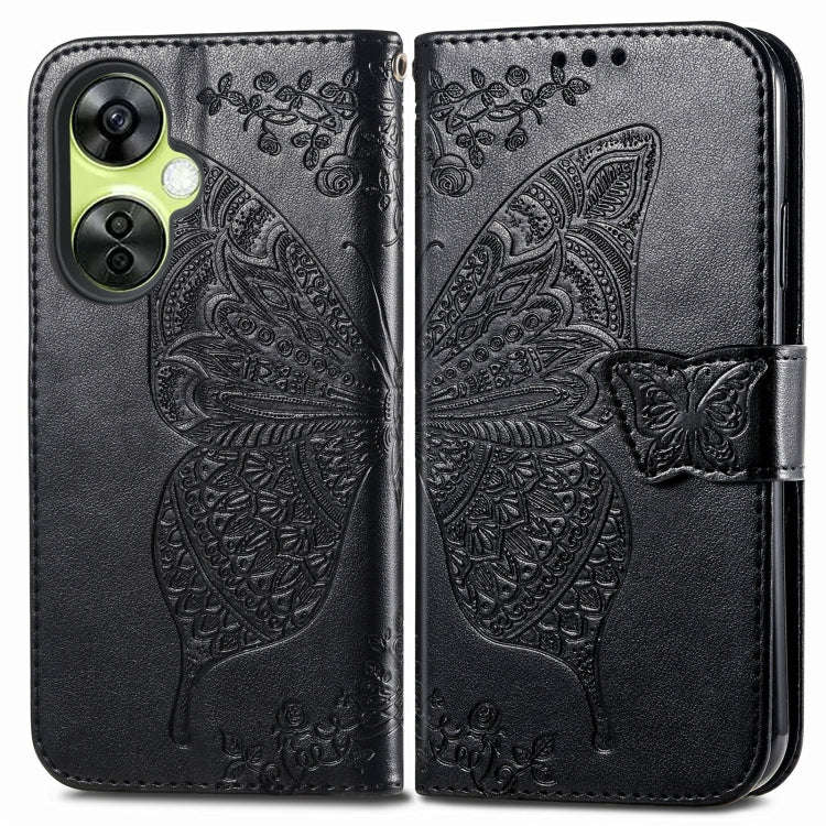 For OnePlus Nord CE 3 Lite Butterfly Love Flower Embossed Leather Phone Case(Black)