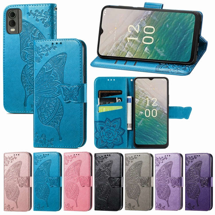 For Nokia C32 Butterfly Love Flower Embossed Leather Phone Case(Lavender)