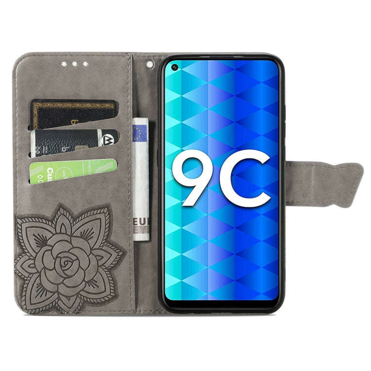 For Honor 9C Butterfly Love Flower Embossed Leather Phone Case(Gray)