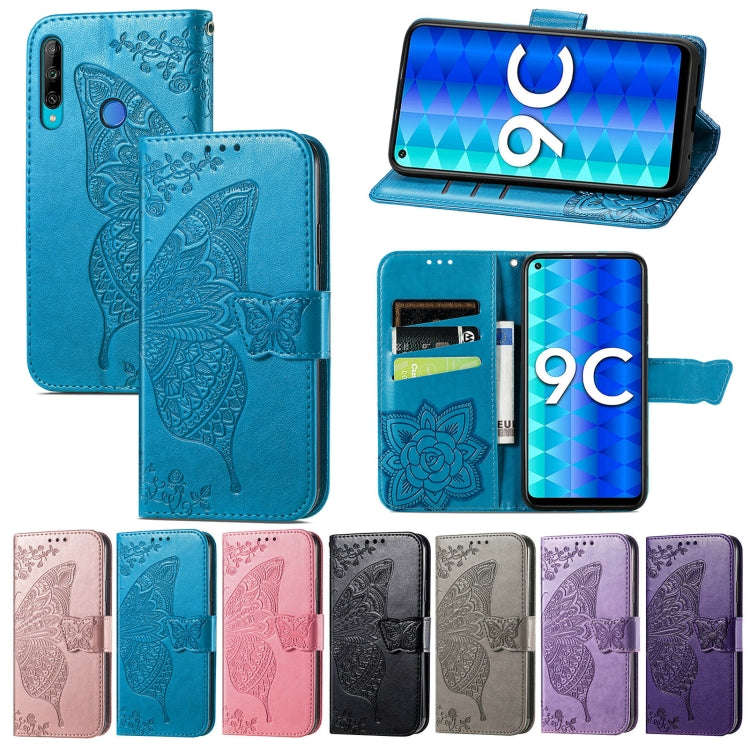For Honor 9C Butterfly Love Flower Embossed Leather Phone Case(Gray)