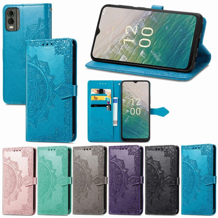 For Nokia C32 Mandala Flower Embossed Leather Phone Case(Black)