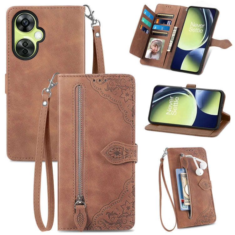For OnePlus Nord CE 3 Lite Embossed Flower Zipper Leather Phone Case(Brown)