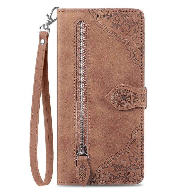 For OnePlus Nord CE 3 Lite Embossed Flower Zipper Leather Phone Case(Brown)