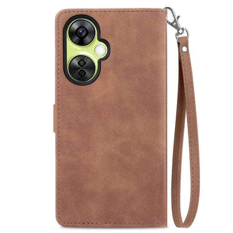 For OnePlus Nord CE 3 Lite Embossed Flower Zipper Leather Phone Case(Brown)