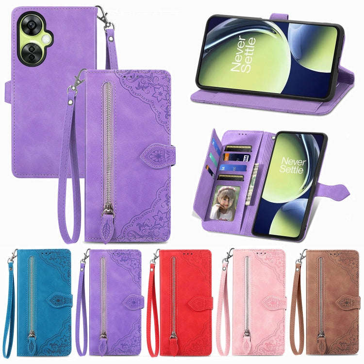 For OnePlus Nord CE 3 Lite Embossed Flower Zipper Leather Phone Case(Red)