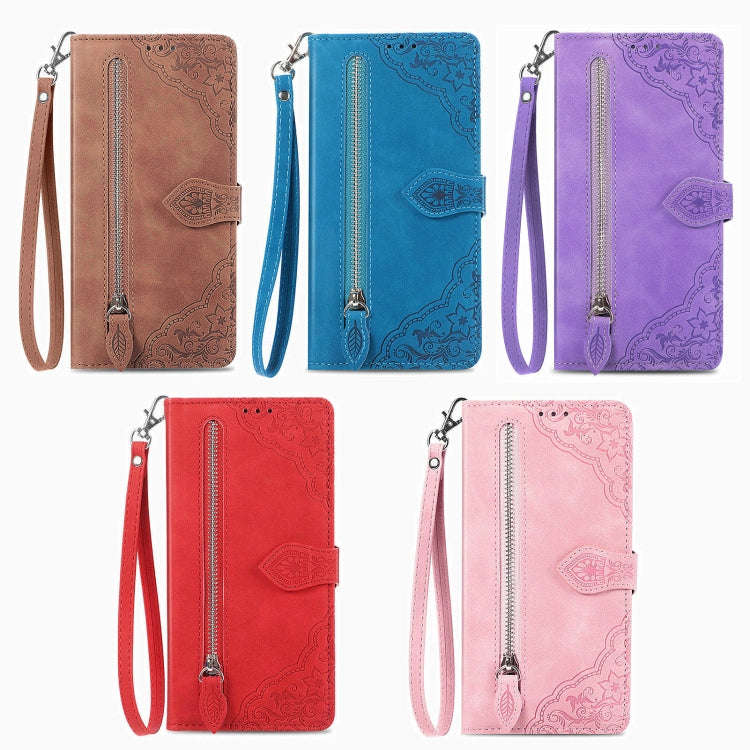 For OnePlus Nord CE 3 Lite Embossed Flower Zipper Leather Phone Case(Brown)