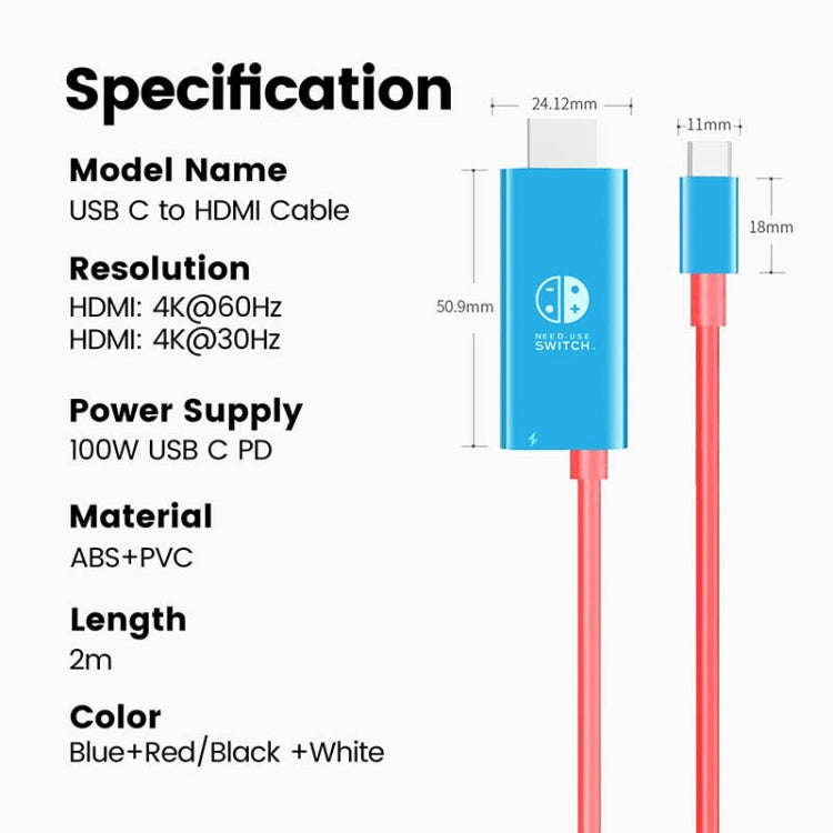 ENKAY ENK-CB136 6.6Ft. Type-C to HDMI Conversion Cable for Switch 4K HD Projection TV