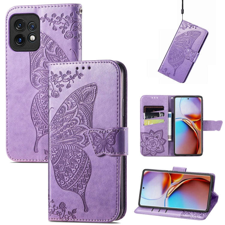 For Motorola Moto X40 Butterfly Love Flower Embossed Leather Phone Case(Light Purple)