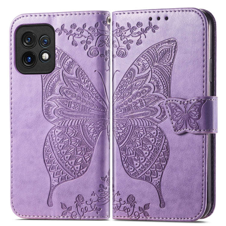 For Motorola Moto X40 Butterfly Love Flower Embossed Leather Phone Case(Light Purple)