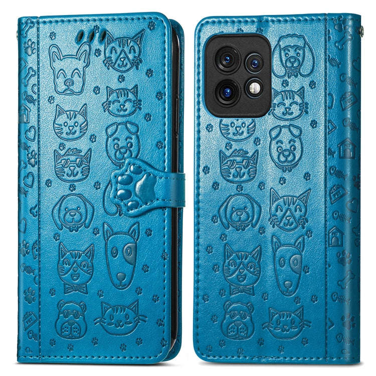 For Motorola Moto X40 Cute Cat and Dog Embossed Flip Leather Phone Case(Blue)