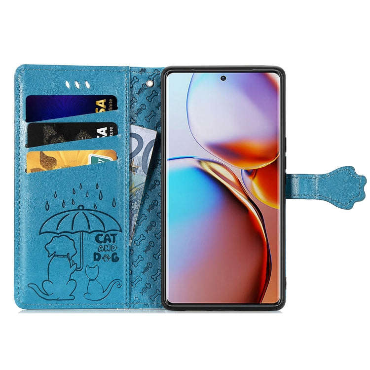 For Motorola Moto X40 Cute Cat and Dog Embossed Flip Leather Phone Case(Blue)