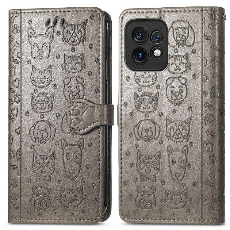 For Motorola Moto X40 Cute Cat and Dog Embossed Flip Leather Phone Case(Gray)