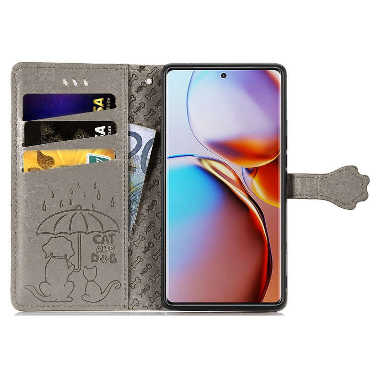 For Motorola Moto X40 Cute Cat and Dog Embossed Flip Leather Phone Case(Gray)