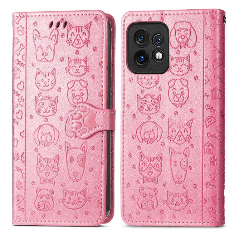 For Motorola Moto X40 Cute Cat and Dog Embossed Flip Leather Phone Case(Pink)