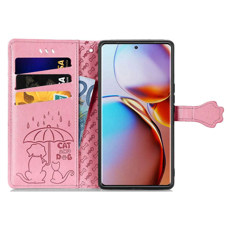 For Motorola Moto X40 Cute Cat and Dog Embossed Flip Leather Phone Case(Pink)